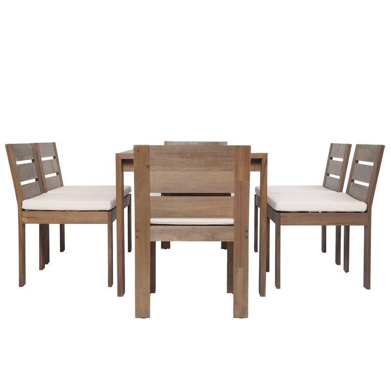 7-Piece Outdoor Patio Acacia Wood Dining Set with Rectangular Table and 6 Cushioned Chairs