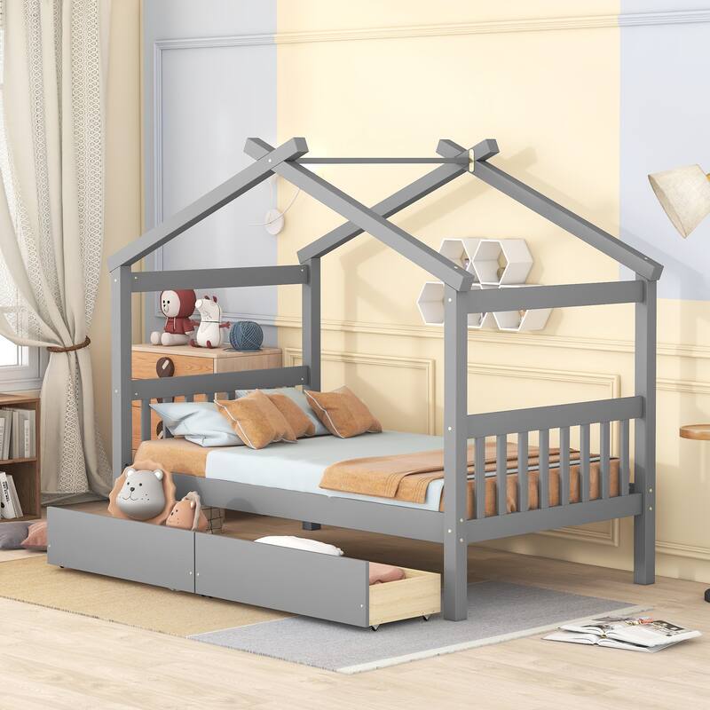 Twin Size Wooden House Bed with Drawers, Kids House-Shaped Daybed with Roof and Storage, Pinewood Frame, No Box Spring Needed - Grey