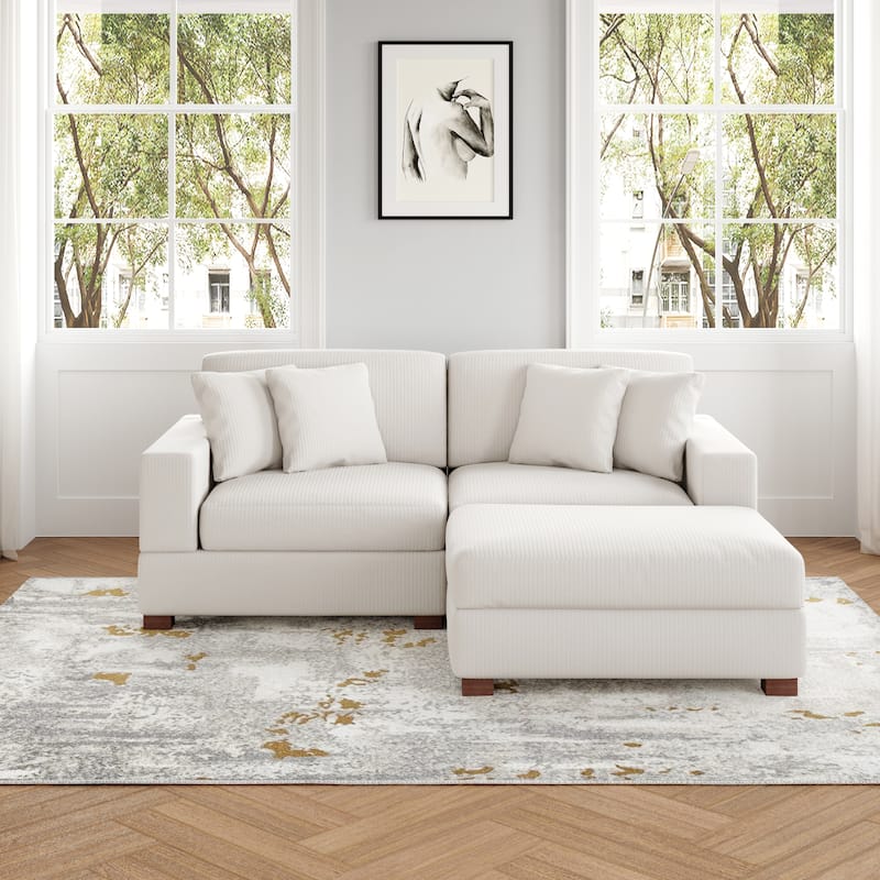 Ella 82" W/ 118" W Corduroy Modular Sectional Sofa with Ottoman - 3-Piece Beige