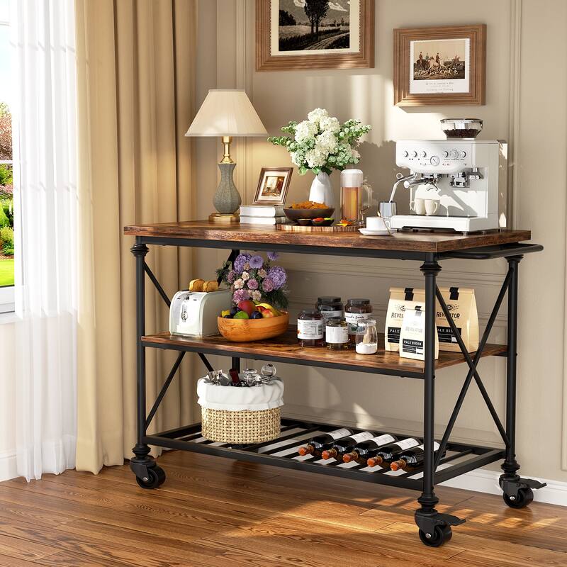 Rolling Kitchen Island Cart with Thick Wooden Top and Storage Shelves - N/A