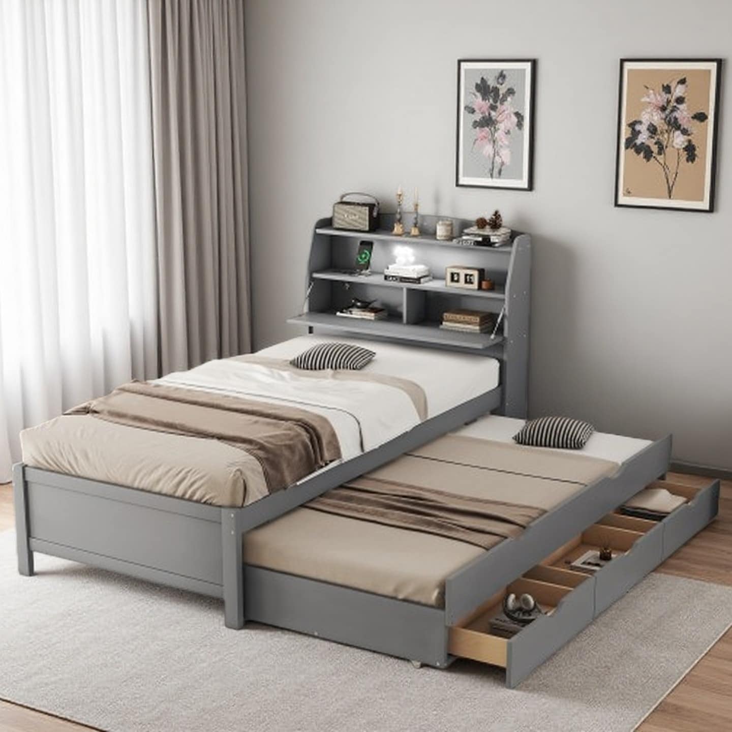 Twin Size Platform Bed with LED Headboard, Flip-Up Storage, USB Charging, Pull-Out Trundle, and Under-Bed Drawers