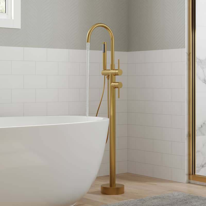 GRANDJOY 1-Handle Freestanding Tub Faucet with Integrated Hand Shower - Brushed Gold