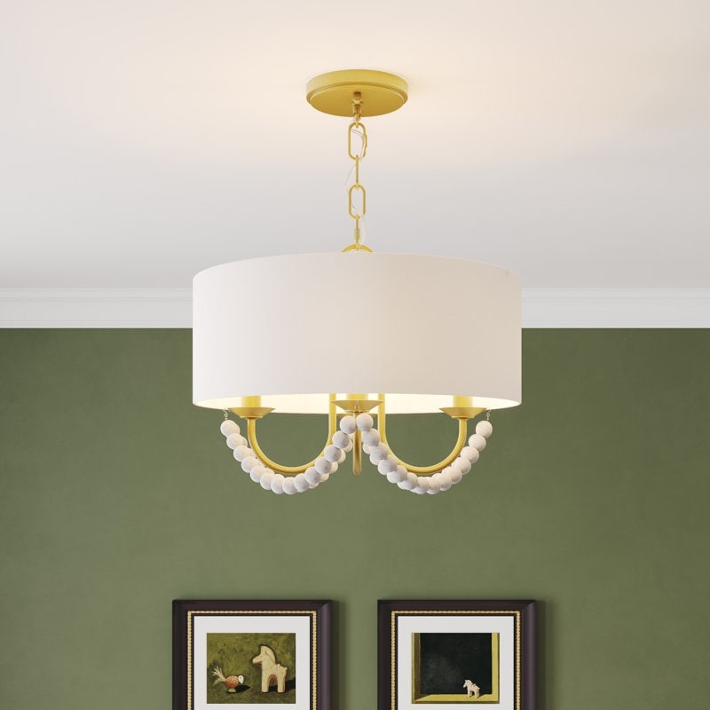 Acroma 4-Light Gold Drum Chandelier with White Fabric Shade & Wood Beads