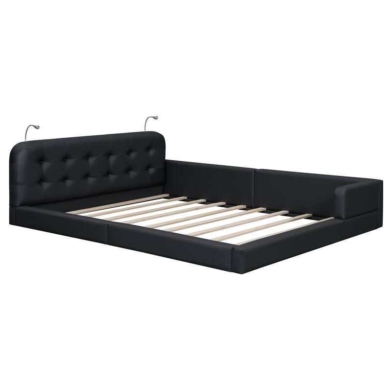 Queen Size Upholstered Platform Bed Frame with 2 Reading Lights, PU Floor Bed with Button Tufted Headbord
