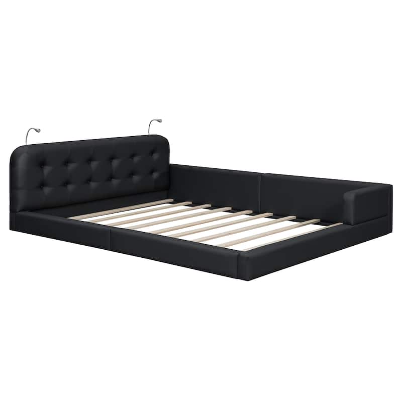 Queen Size Upholstered Platform Bed with 2 Reading Lights, Premium PU Leather Floor Bed Frame with Wooden Slats Support