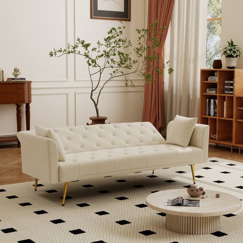 Convertible Sleeper Sofa Bed, Foldable Velvet Loveseat with Adjustable Backrest and Metal Legs, Cloud Chaise Lounge Couch