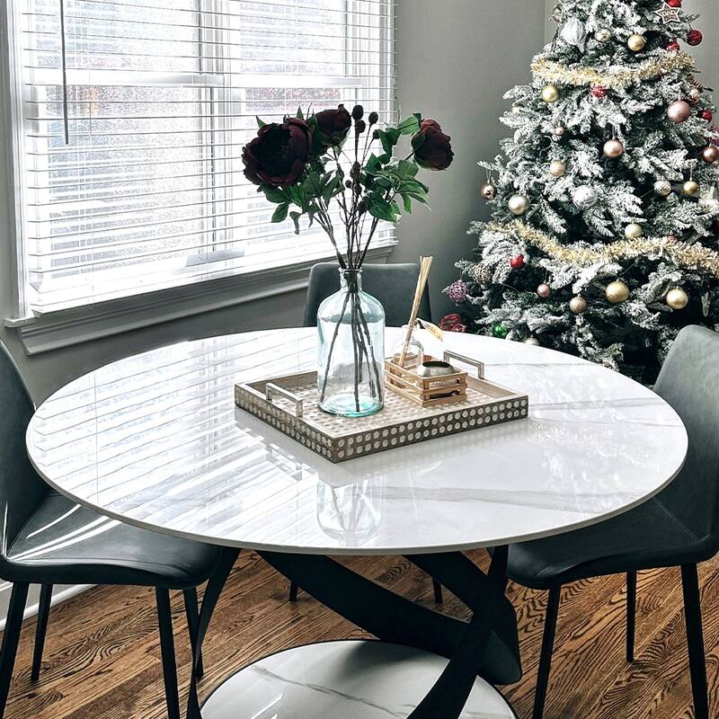 Modern Dining Table Sets, Round Glossy Sintered Stone Dining Table with Dining Chairs