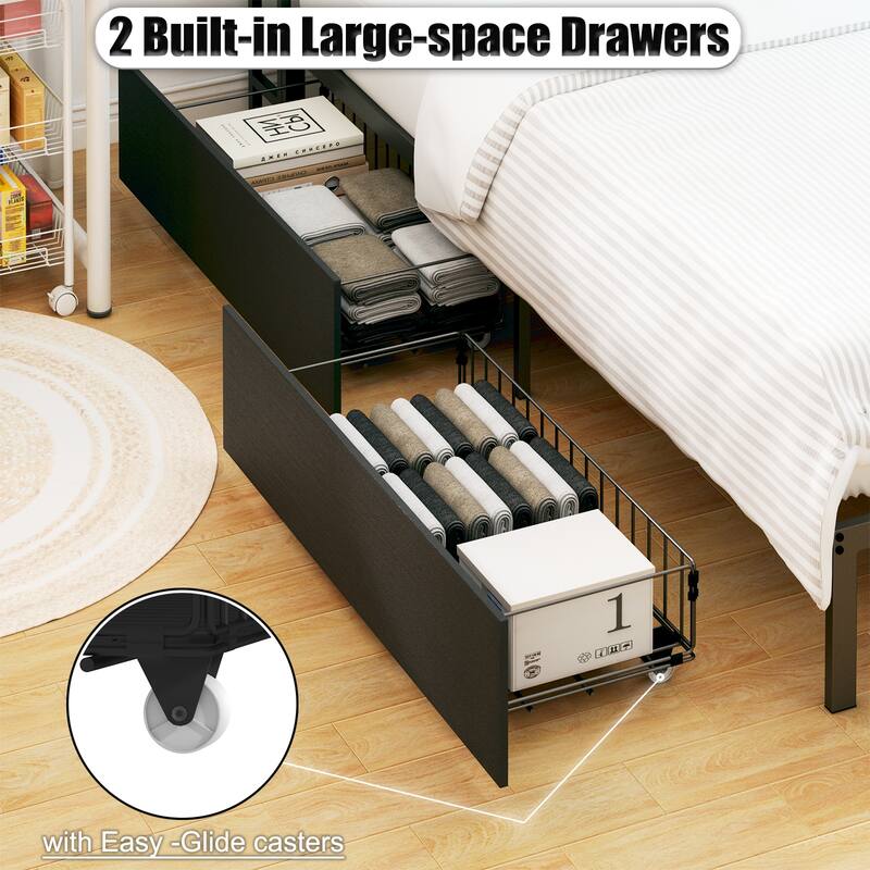 Corner Daybed Kids Platform Bed Frame with Storage Bookcase, Underbed Drawers, Charging Station and LED Lights