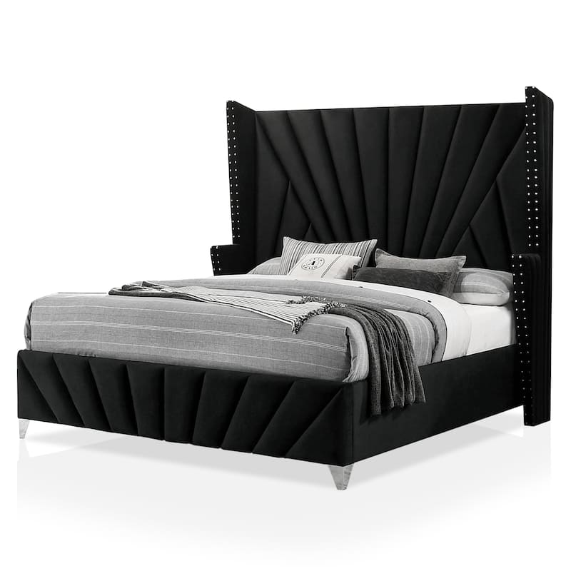 Ambrosia Glam Black Fabric Upholstered Nailhead 5-Piece Panel Bedroom Set by Furniture of America