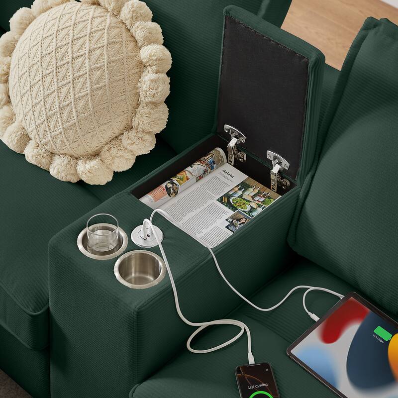 Sectional Sofa Bed Sleeper Sofa with Storage, U-Shaped 4-Seater Chaise Lounge Sofa with Cup Holders & USB Charge