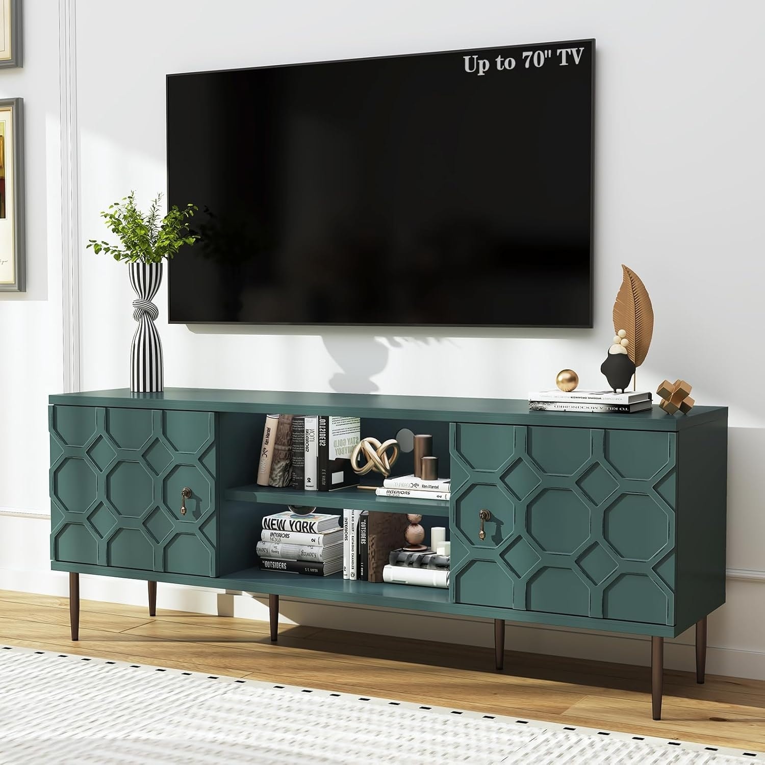 TV Stand for 65/70inch, Entertainment Center with Storage and Open Shelves, Embossed Pattern Design for Living Room or Bedroom
