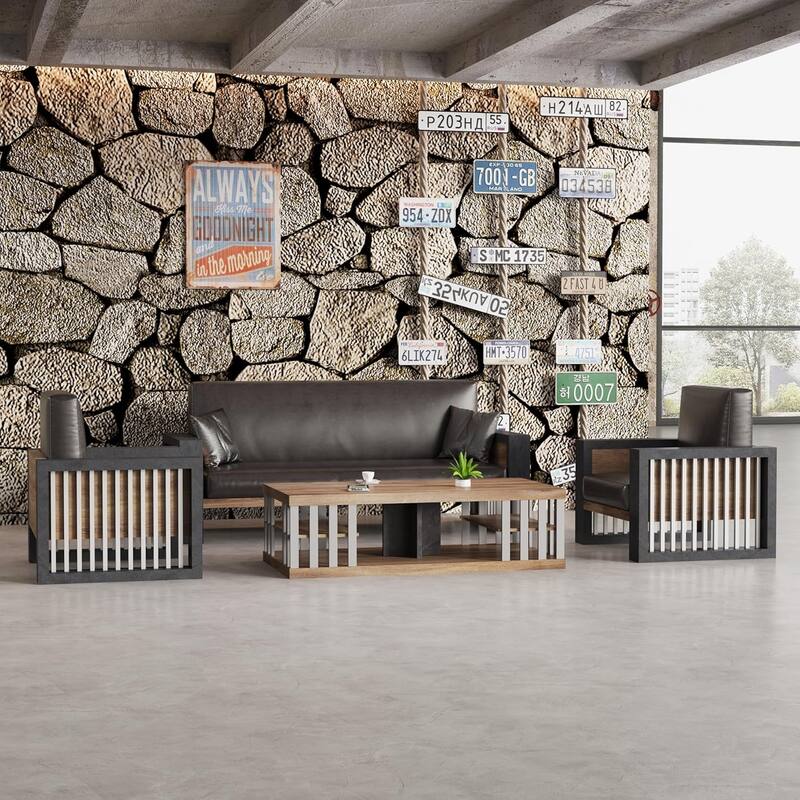 WESOME 3 Piece FU Leather Sofa Set with Coffee Table - 3-Set Sofa & 2 Single Sofa
