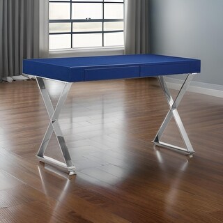 Rix 47 Inch Office Desk, Navy Wood Top, 2 Drawers, X Polished Steel ...