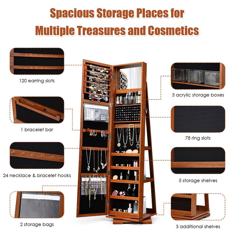 Costway 360degree Rotatable Jewelry Cabinet 2-in-1 Lockable Mirrored - See Details