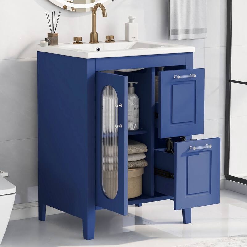 24" Black Bathroom Vanity with Sink - Solid Wood & MDF, Moru Glass Door, 2 Drawers, Adjustable Shelf