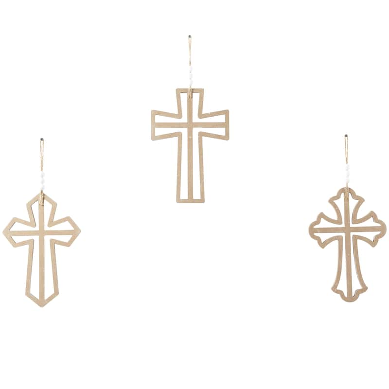 Wood Cross Carved Beaded Crosses Home Wall Decor with Rope Hanger - Set of 3 Light Brown - Roche River Decor