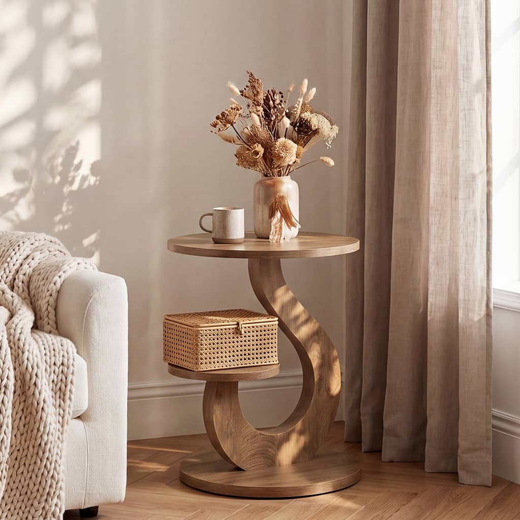 23.62" Unique S-Curved MDF Round End Table for Living Room & Bedroom
