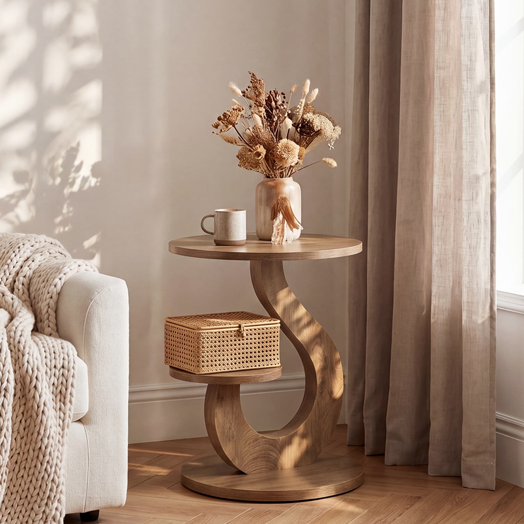 23.62" Unique S-Curved MDF Round End Table for Living Room & Bedroom