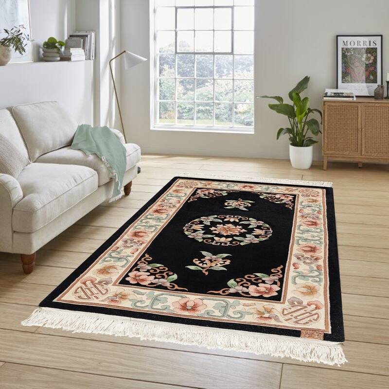Gertmenian Oriental Estate Traditional Oriental Floral Border Metallion Hand Knot Wool Area Rug Collection - Onyx Garden - 4x6