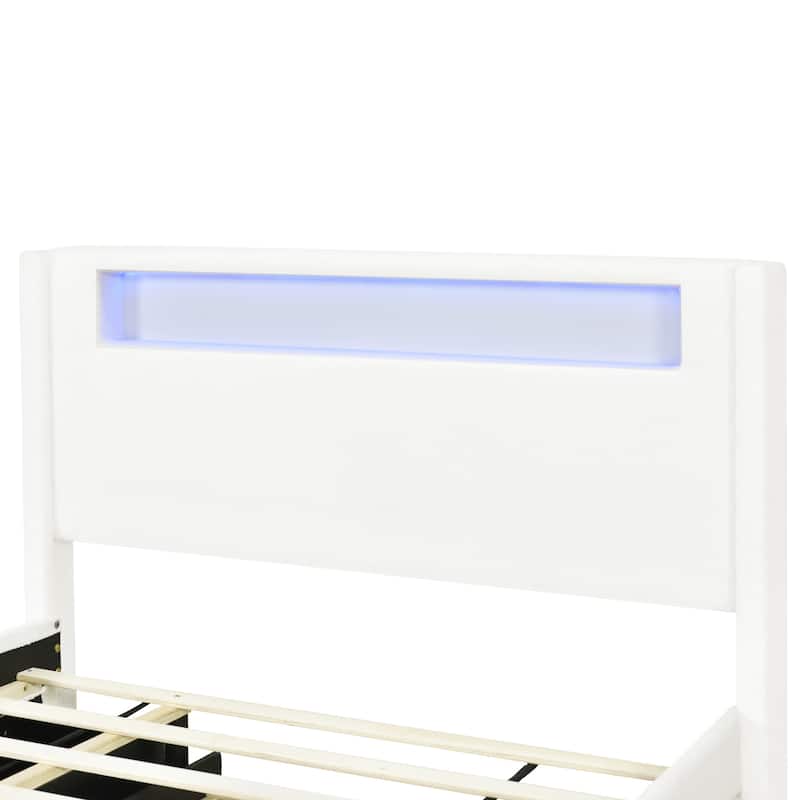 HomeRoots White Tufted Boucle Lighted Full Bed Frame With Trundle And USB And Drawers