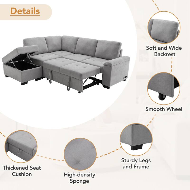 84.75" Velvet L-Shaped Sectional Sofa with Storage Ottoman, USB & Hidden Storage