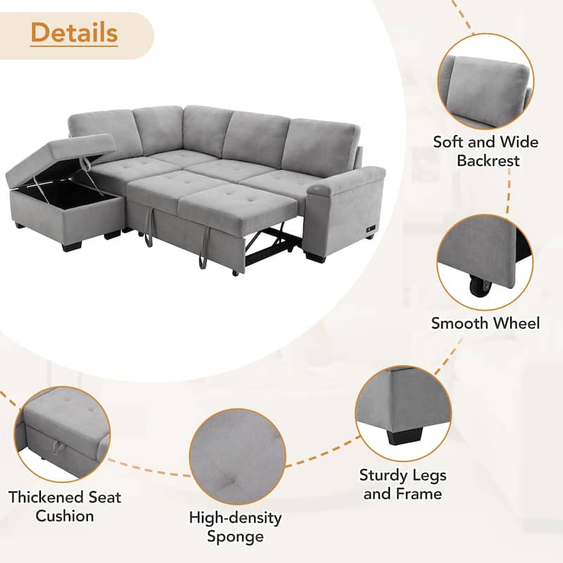 84.75'' L-Shaped 5 Seater Sleeper Sectional Sofa with Storage Ottoman, Hidden Arm Storage and USB Charging for Living Room