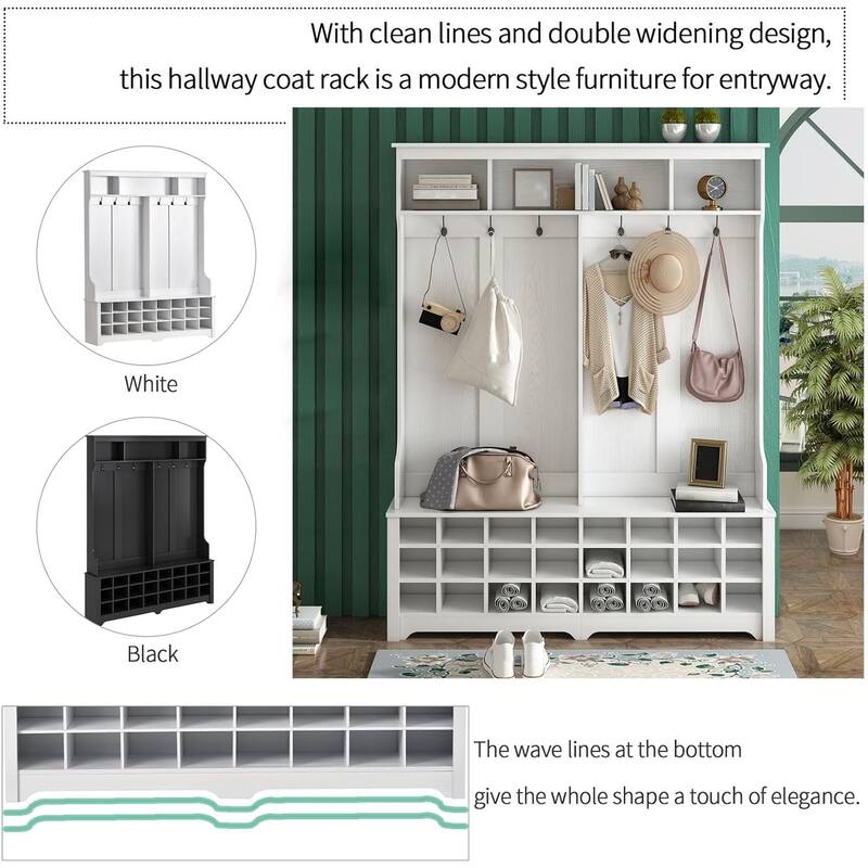 60" Wide Hall Tree Entryway Bench with Coat Rack,Multiple Functions Hallway Coat Rack with Metal Hook & 24 Shoe Cubbies