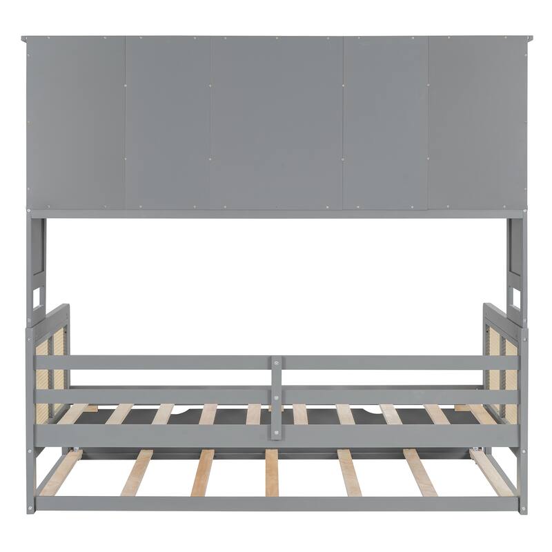 Wood Full Size Daybed with Built-In Storage Cabinet, Shelves & Twin Trundle, Rattan Accent, No Box Spring Needed
