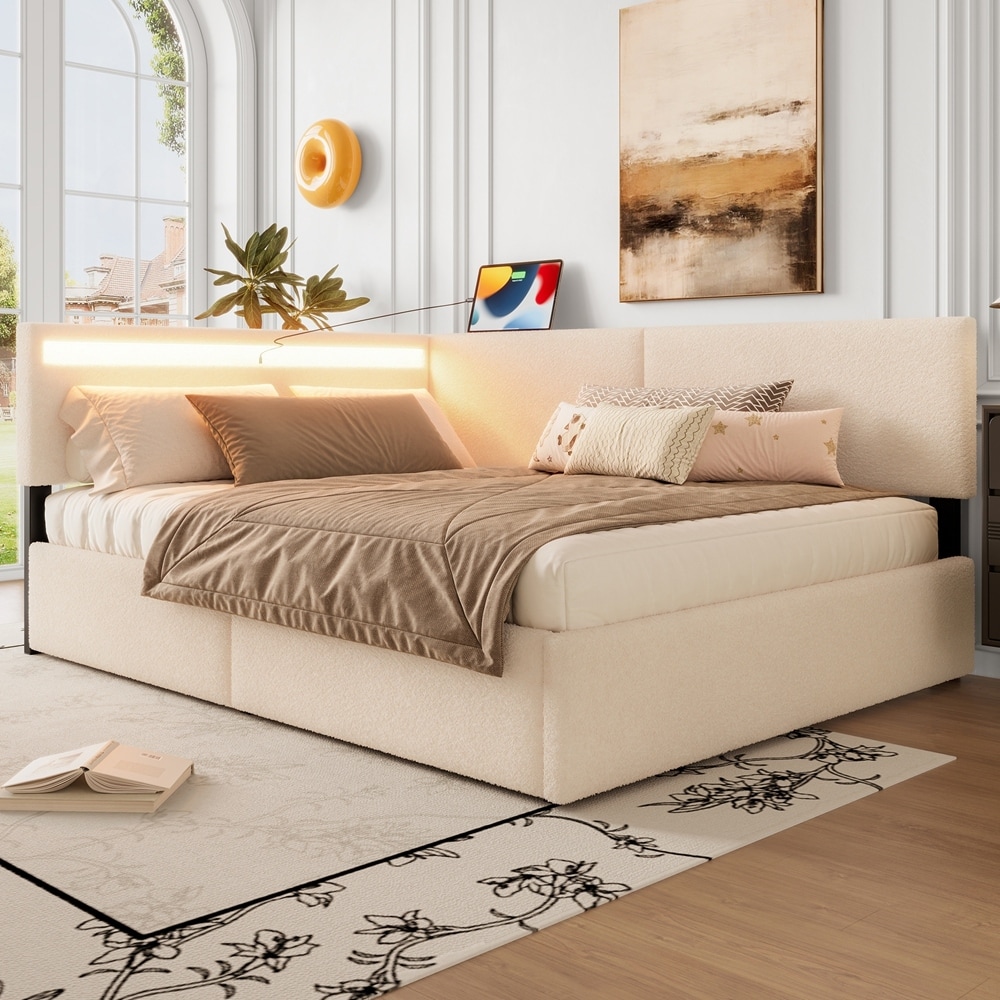 Upholstered Boucle Fabric Cloud Bed with 2 Storage Drawers and LED light and USB Charging Design