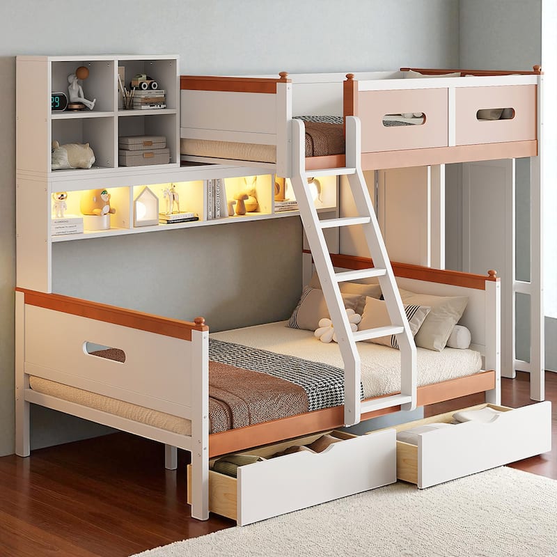 Twin Over Full Wooden Bunk Bed with Wardrobe, Drawers, Shelves & LED Light, White and Orange Finish