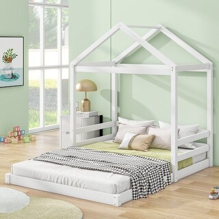 White Pine Wood Full House-Shaped Bed, Guardrail, No Box Spring