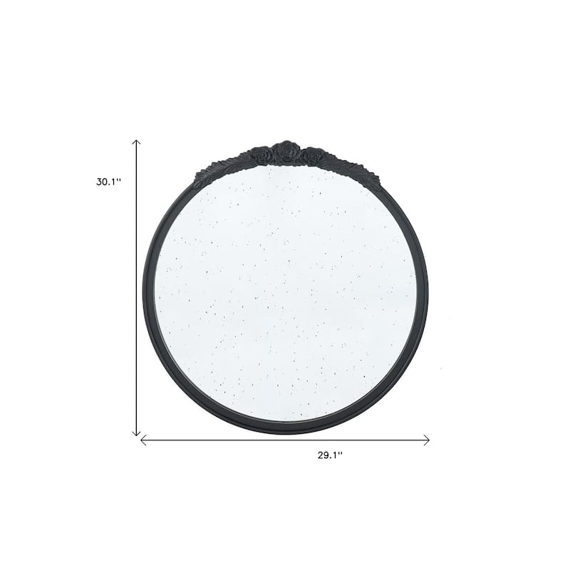 HomeRoots 30" Black Crowned Top Antiqued Glass Round Framed Accent Mirror - 29.1' X '30.1' X '2
