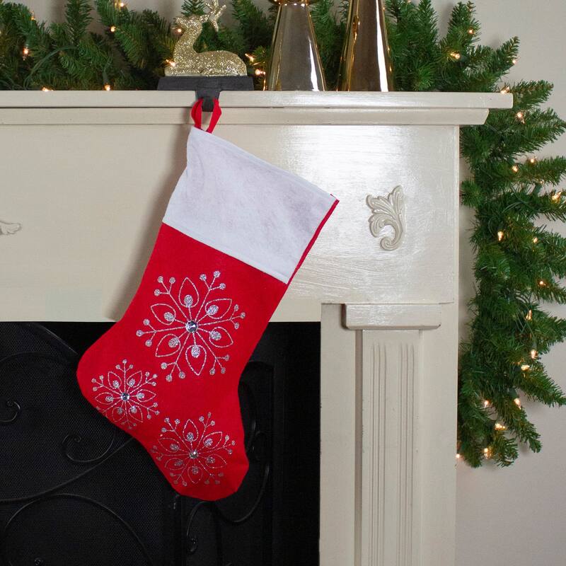 19" Red White Felt Christmas Stocking Glitter Snowflakes Gemstones