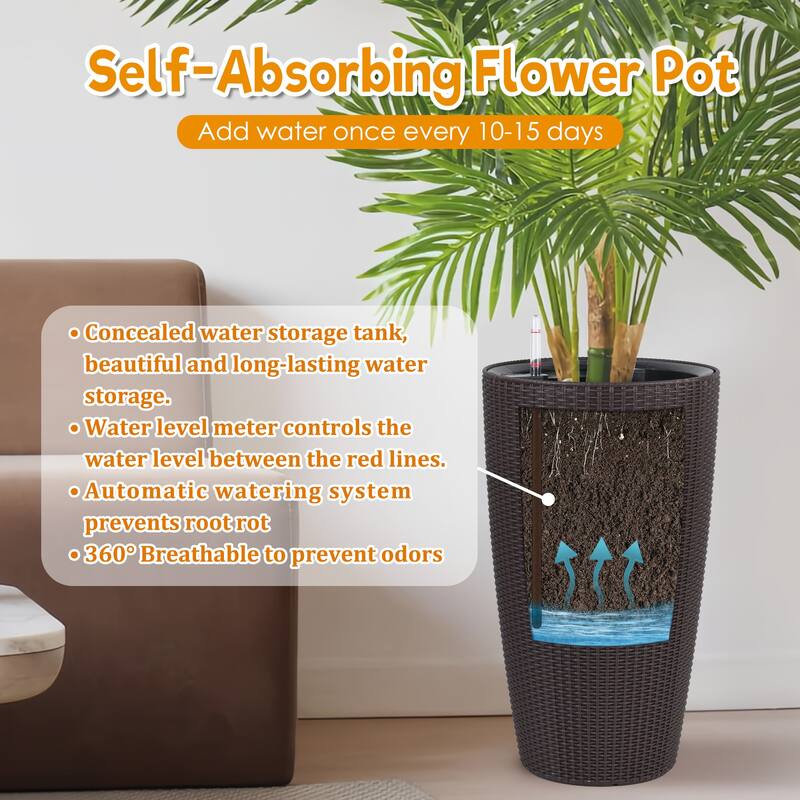 Set of 2 Faux Rattan Tall Planters Outdoor Indoor Large Planters with Water Level Monitor Inner Bucket