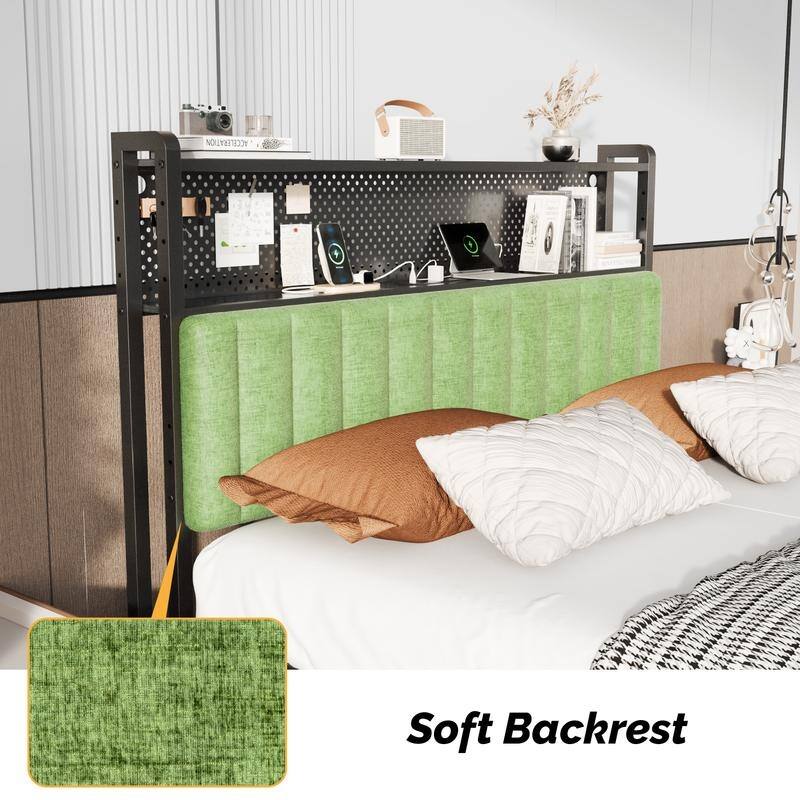 Adjustable Upholstered Headboard with 2 Tier Shelves with Charging Stations and LED Lights, Modern Bed Headboard with Storage
