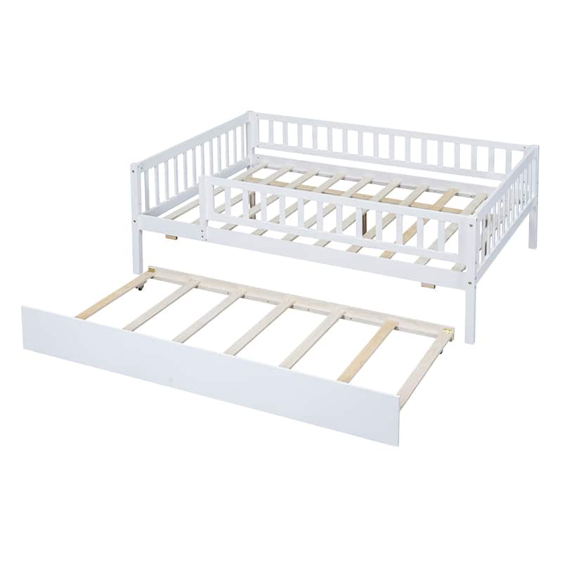 Wooden Twin/Full Daybed with Trundle and Fence Guardrails, No Box Spring Needed