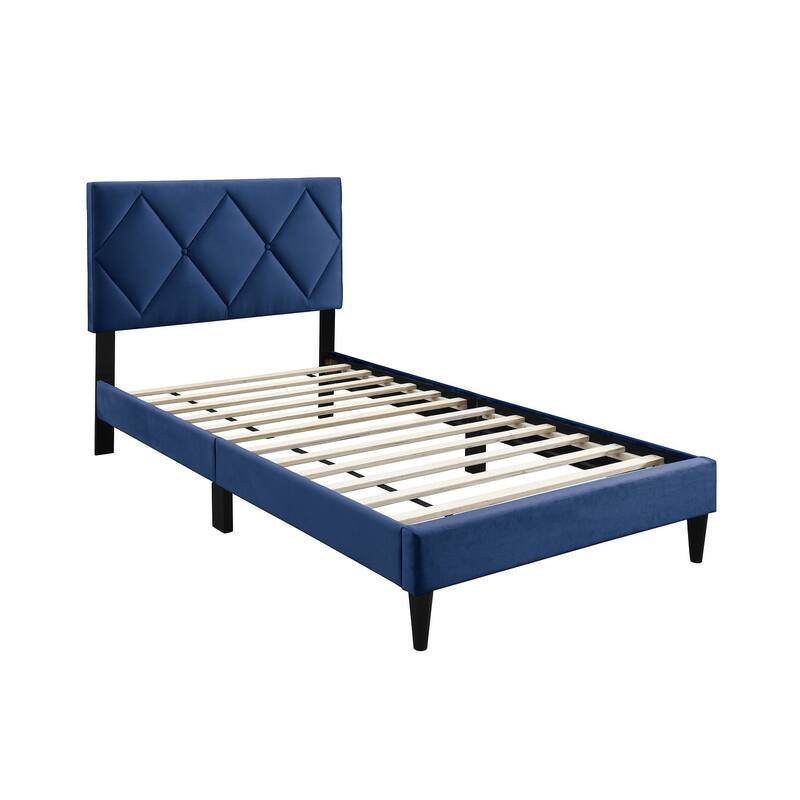 Adjustable Headboard Twin Size Bed with Navy Blue Velvet Upholstery, Modern Youth Bedroom Furniture
