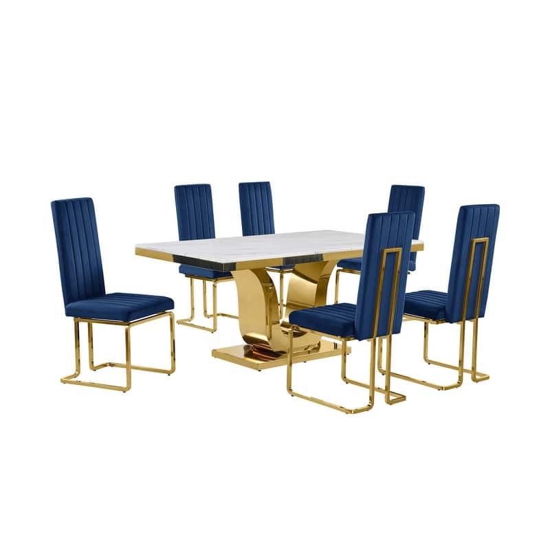 Best Quality Furniture D320-SC344-7 Dining Set with 66" White Marble Top