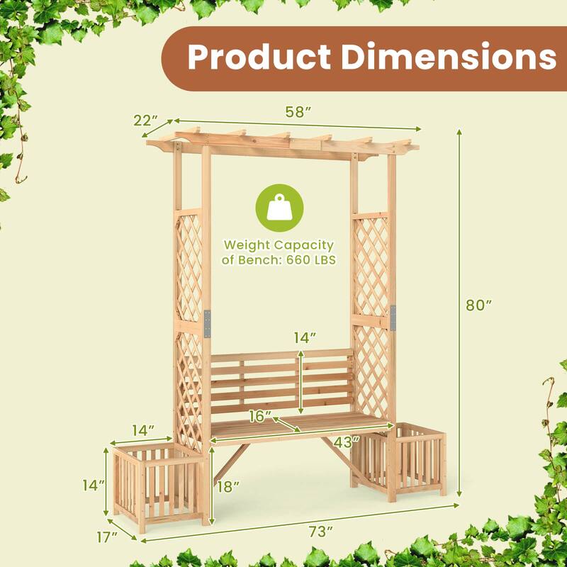 Costway Patio Garden Bench Arbor Arch with Pergola Planting Box Side - Wood - See Details