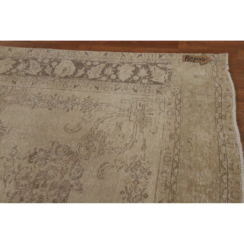 Tabriz Persian Vintage Rug Hand-Knotted Traditional Beige Wool Carpet - 9'9"x 12'6"