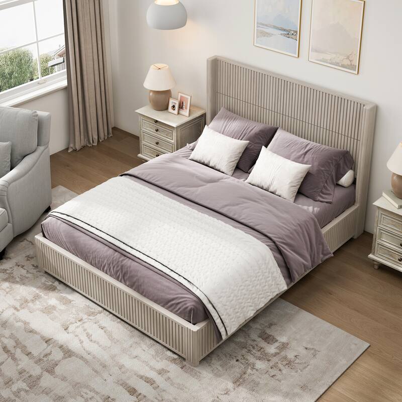 GDFStudio - Modern Solid Wood Low-Profile Platform Bed Frame with Fluted Headboard, Heavy-Duty Support & No Box Spring Needed