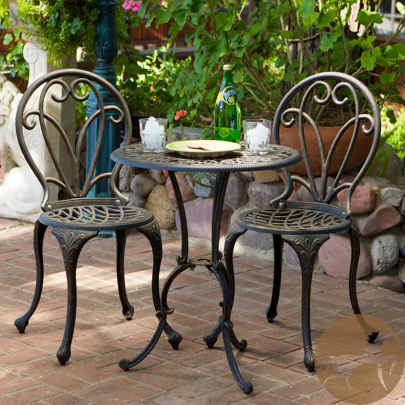 Roomfitters 3-Piece Outdoor Bistro Set Cast Aluminum Patio Dining Furniture with Round Table and Chairs, Black+Gold