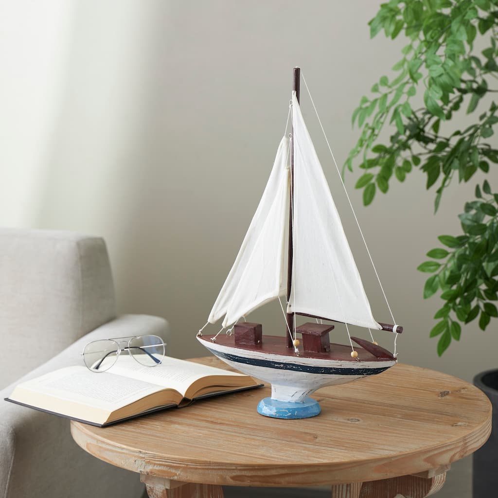 White Wood Distressed Sail Boat Decorative Sculpture with Brown Wood and Beaded Accents