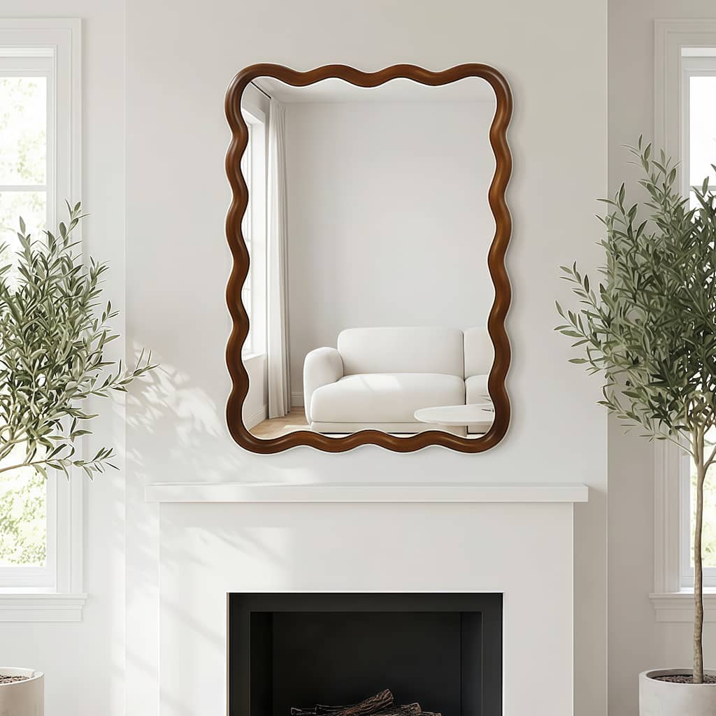 Black Walnut Color 30"x40" Wavy Rectangle Solid Wood Frame Decorative Mirror,For Bedroom, Bathroom, Living Room, Entryway