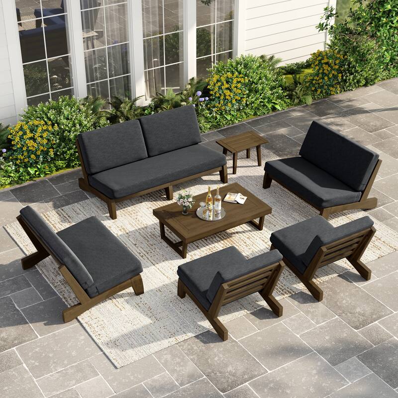 Casual Large Teak Outdoor Patio Conversation Set - Natural Wood - Dark Grey-7 Piece