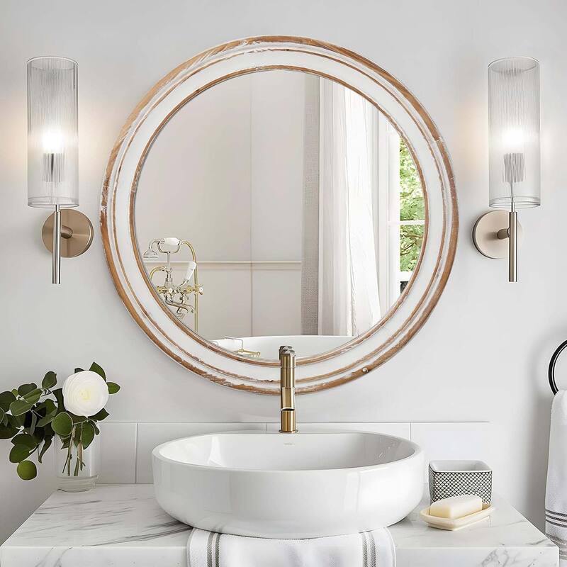 31.5 inches Round Wall Mirror for Bathroom Vanity, Wooden Farmhouse Circle Mirrors for Bedroom, Entryway, Living Room
