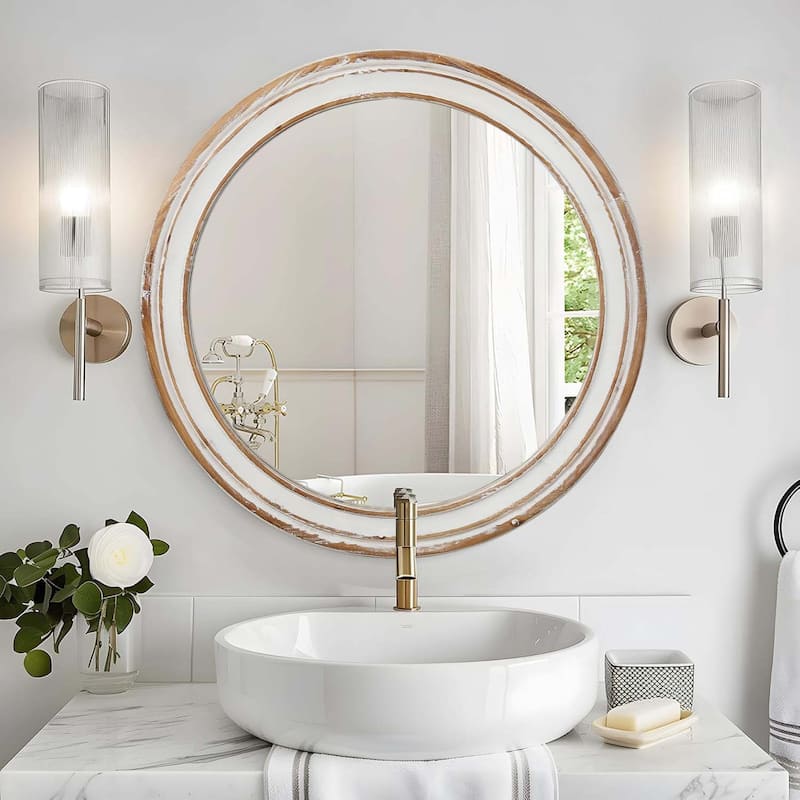35.4" Wooden Farmhouse Round Wall Mirror for Bathroom Vanity