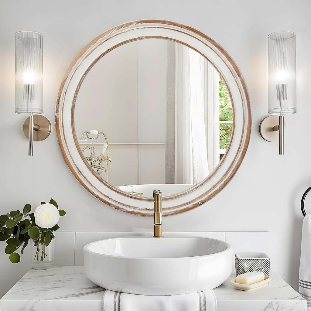 35.4" Wooden Farmhouse Round Wall Mirror for Bathroom Vanity