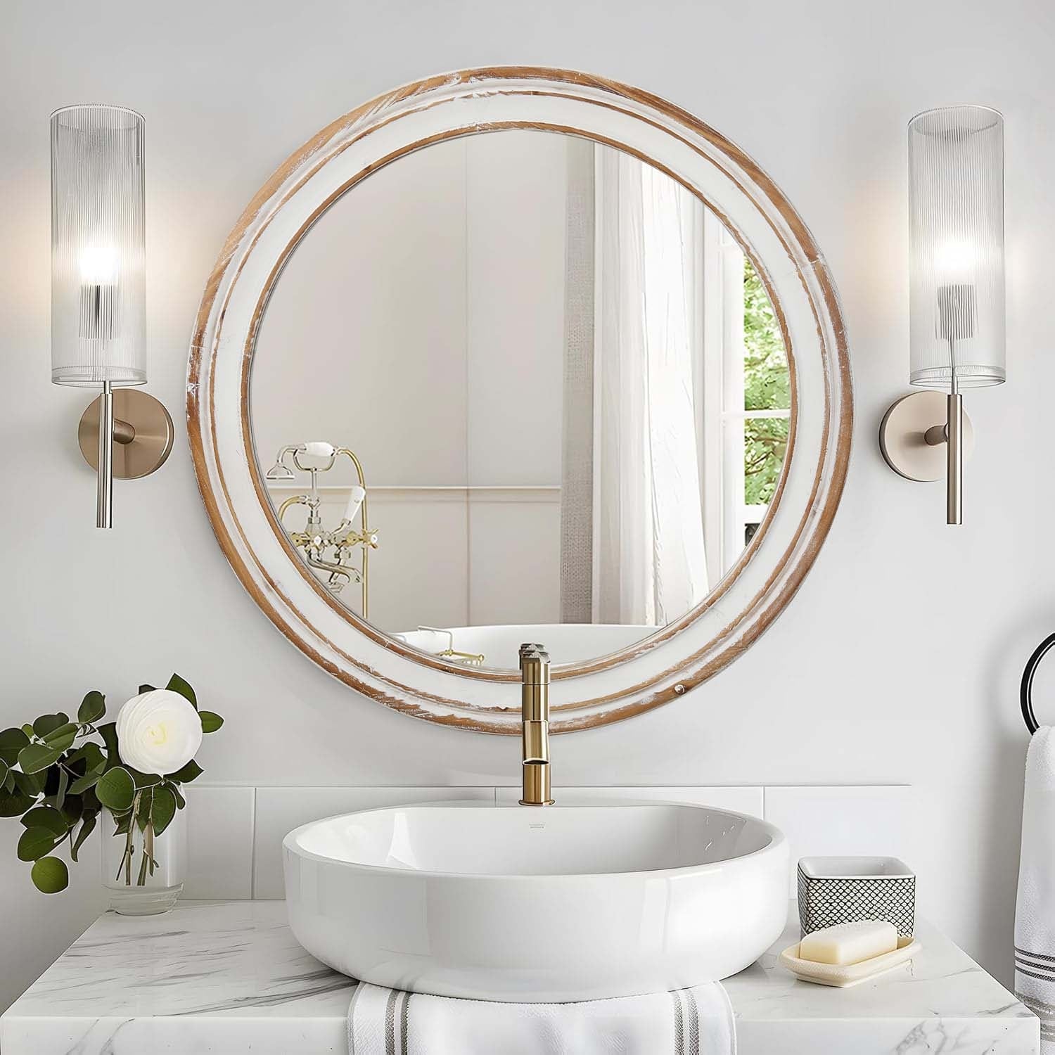 35.4" Wooden Farmhouse Round Wall Mirror for Bathroom Vanity