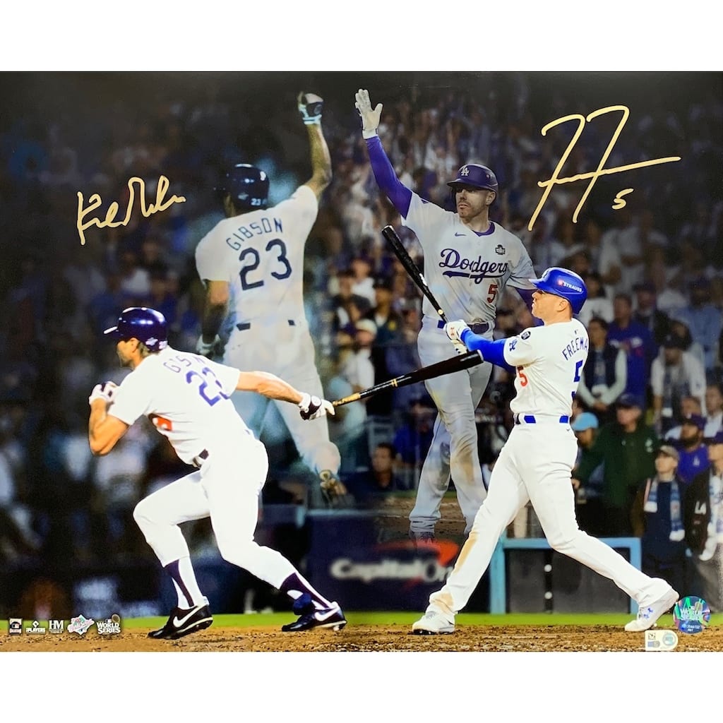 Freddie Freeman and Kirk Gibson Autographed Los Angeles Dodgers World Series Game 1 Slam Signed 16x20 Baseball Photo MLB COA